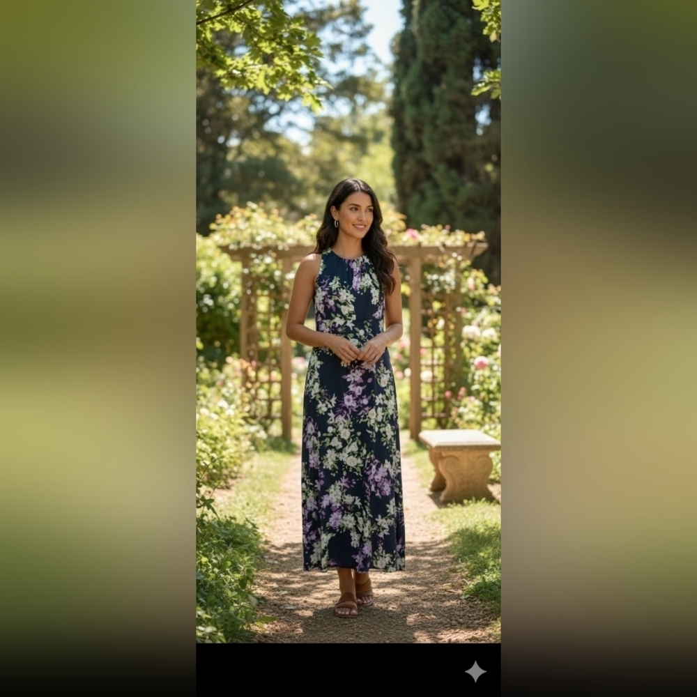 London Times Empire Waist Fit & Flare Midi Dress Size 14 Navy Floral (EUC)